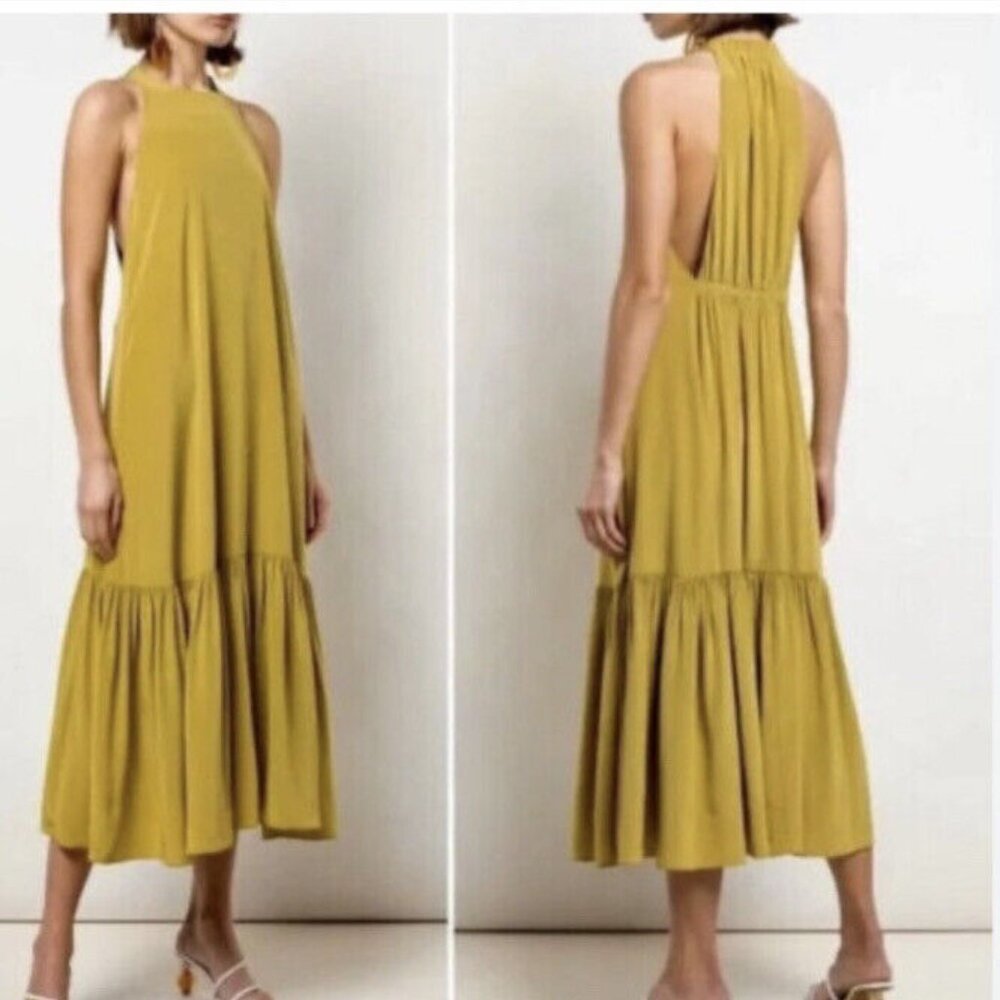 Tibi 100% Silk Eco Halter Drop Waist Ruched Midi Dress Tan Ochre Green size 4 - Picture 1 of 10